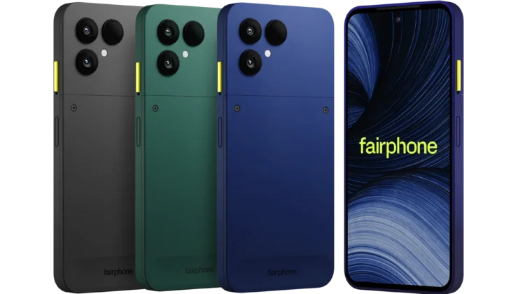 Fairphone Gen 6+ v modré barvě zepředu a zezadu